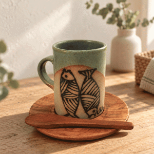 Set  taza de café con plato y cuchara de madera  cod: *CORCER026